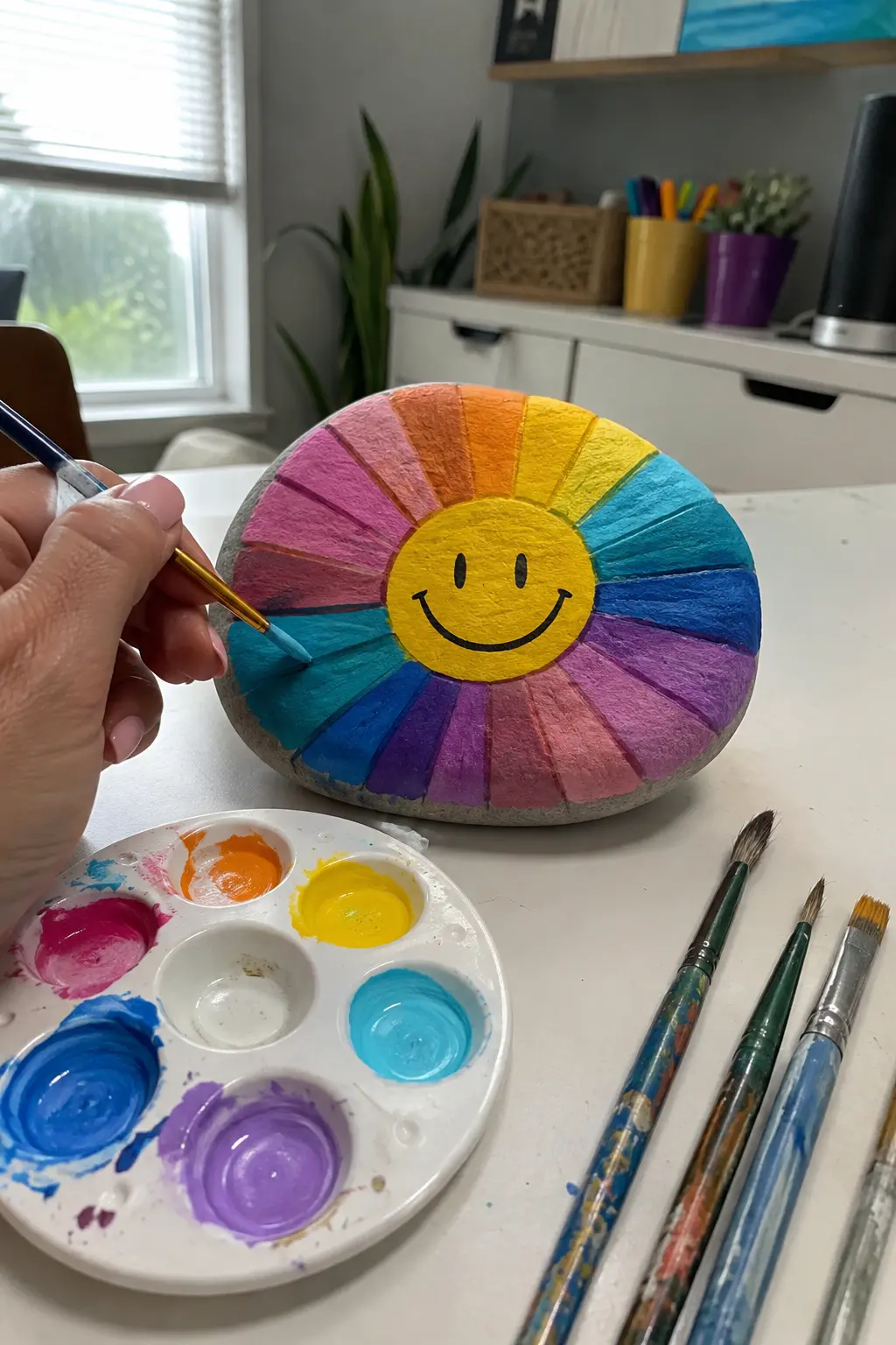 Colorful rainbow sunshine rock painting featuring a cheerful yellow smiling sun in the center with vibrant pink, orange, yellow, turquoise, blue, and purple rainbow sections radiating around it, while a hand paints the rock with a fine brush beside an acrylic paint palette and multiple brushes on a bright home craft table.