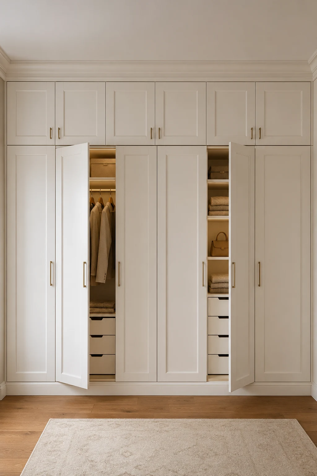 Elegant full-wall IKEA closet featuring cream raised-panel doors, floor-to-ceiling built-in cabinetry, symmetrical wardrobe sections, brass handles, upper storage cabinets, open clothing compartments, neatly folded garments, integrated drawers, decorative crown molding, warm neutral walls, natural wood flooring, and a soft beige area rug for a refined custom built-in wardrobe appearance.