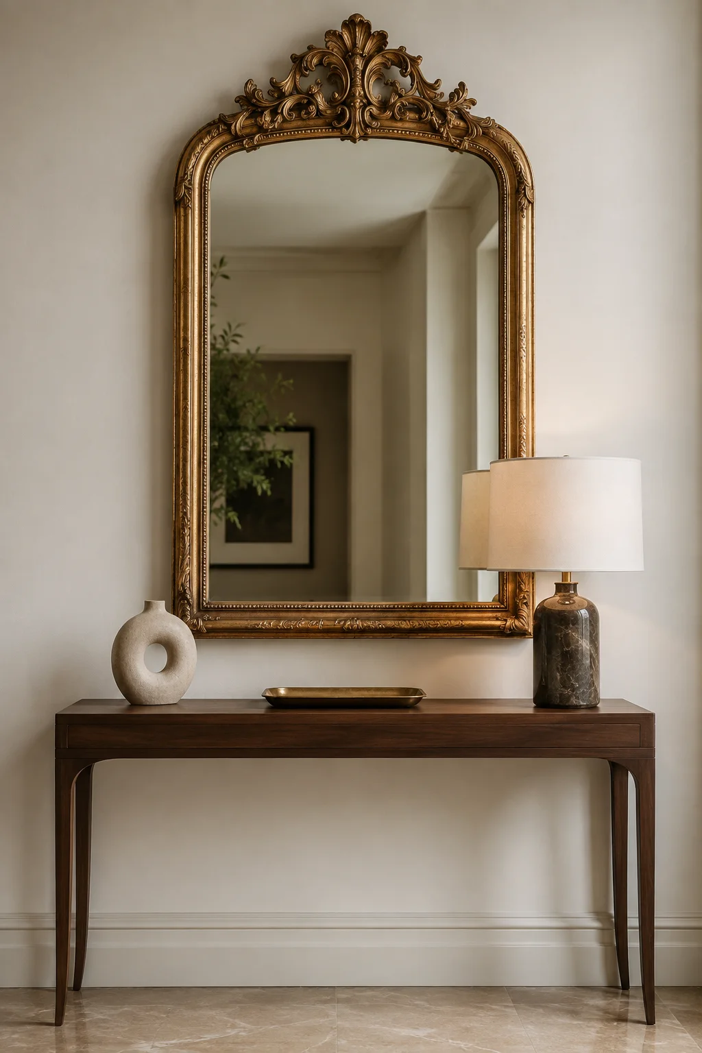 Elegant antique gold mirror with an ornate carved frame mounted above a slim dark walnut console table, styled with a sculptural cream ceramic vase, aged brass tray, and contemporary table lamp in a warm neutral modern entryway.