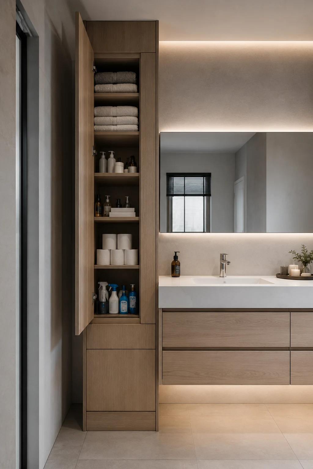 Modern bathroom storage idea featuring a slim floor to ceiling wood cabinet beside a floating vanity, with open shelves organizing folded towels, toiletries, toilet paper, skincare products, and cleaning supplies in a warm neutral contemporary bathroom.