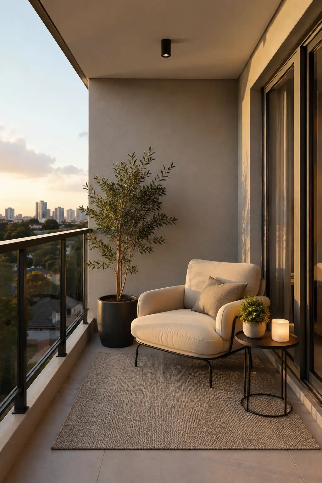 Photorealistic modern apartment balcony featuring a comfortable cream lounge chair positioned beside a slim round black side table, a neutral textured outdoor rug covering the seating zone, and a tall leafy plant in a matte black planter. The cozy balcony arrangement uses warm beige tones, clean contemporary furniture, and an open city view to create a stylish small outdoor seating area.
