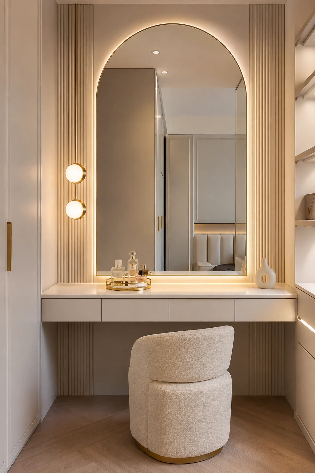 Modern vanity aesthetic featuring an oversized softly arched mirror with integrated warm LED backlighting, a thin champagne gold mirror frame, tall vertical fluted wall panels in a warm beige finish, a streamlined floating cream vanity with multiple handleless drawers, a rounded cream bouclé upholstered chair with a subtle gold base, elegant perfume bottles arranged on a gold tray, a sculptural white ceramic vase, warm ambient lighting, light wood flooring, and a refined contemporary interior designed to make the vanity feel spacious, cozy, luxurious, and polished.