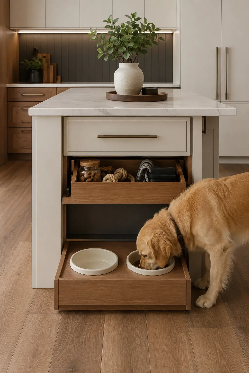 Modern kitchen dog feeding station built into a white contemporary kitchen island, featuring two ceramic dog bowls set inside a wide pull out wooden drawer, with organized storage above containing dog treats, rope toys, pet accessories, and a golden retriever eating beside the custom built in pet station. The kitchen has warm wood cabinetry, soft cream finishes, subtle under cabinet lighting, and a clean modern interior design.