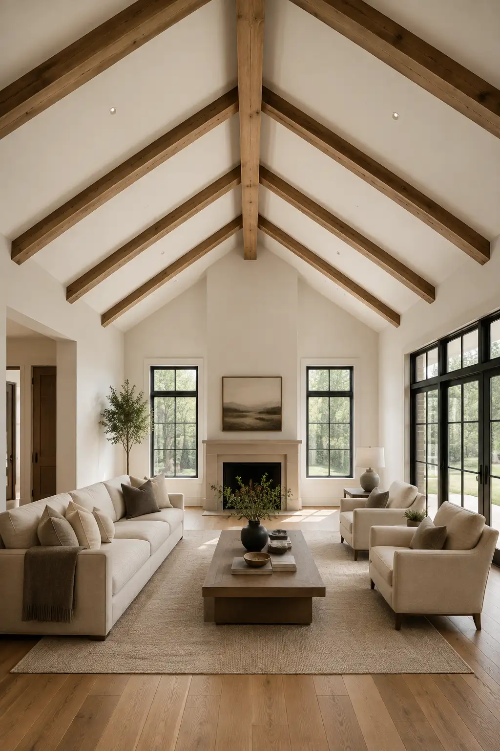 Bright modern rustic living room featuring natural oak ceiling beams across a soaring warm white vaulted ceiling, with a central ridge beam, symmetrical exposed rafters, cream upholstered seating, black framed windows, a simple fireplace, neutral decor, and warm natural wood flooring.