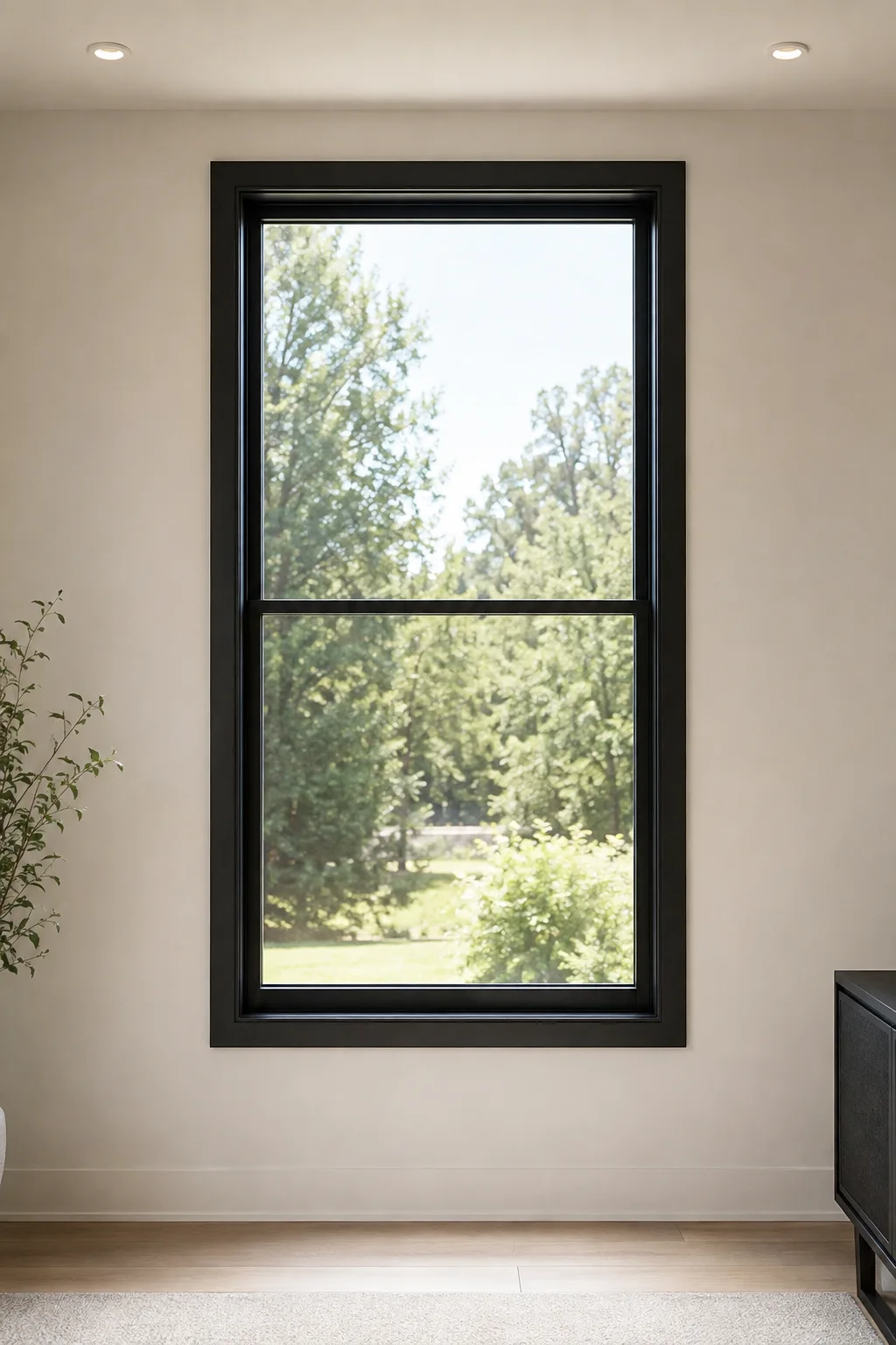 Modern black window trim featuring slim matte black casing around a tall rectangular window set against a warm neutral wall. The clean flat profile creates bold architectural contrast while natural greenery fills the outdoor view, offering a stylish contemporary window trim idea for a polished and thoughtfully finished interior.