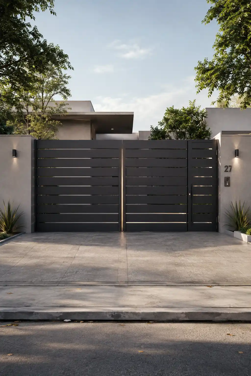 Modern entrance gate design featuring wide matte black horizontal metal slats with narrow privacy gaps, a matching pedestrian gate, light neutral boundary walls, minimalist exterior wall lights, subtle house numbers, clean concrete paving, and modern landscaping for a sleek contemporary home entrance.