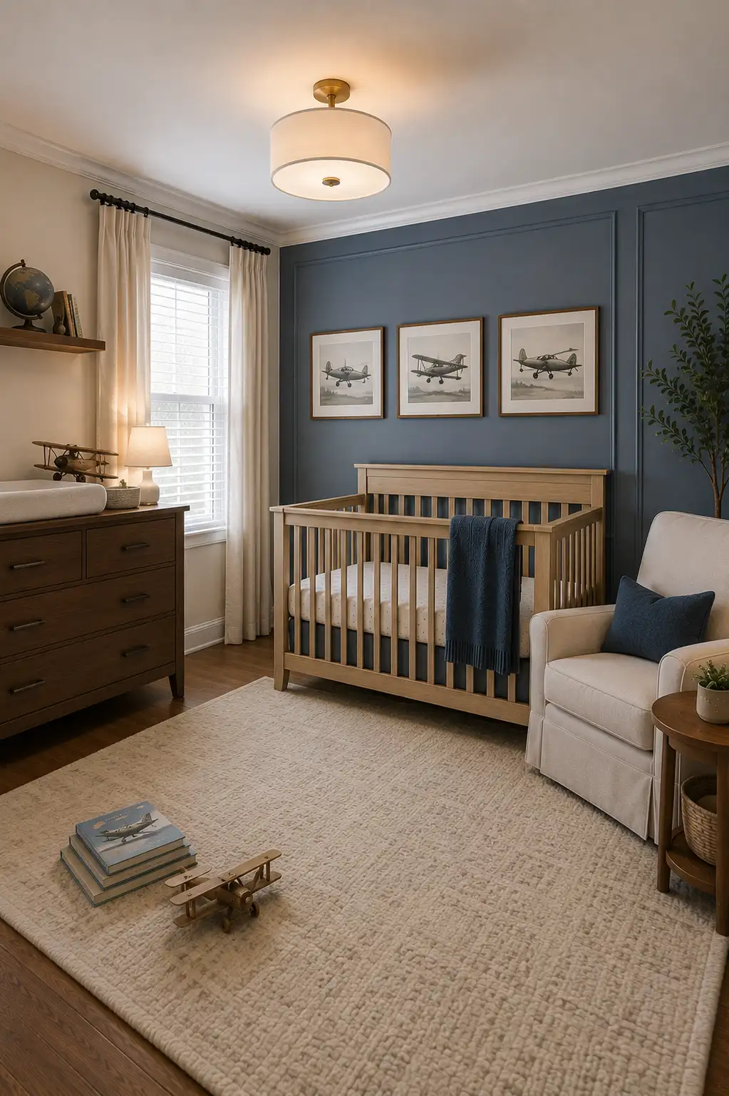 Modern baby boy nursery with a deep blue paneled accent wall, natural wood crib, framed vintage airplane artwork, dark wood changing dresser, cream upholstered nursing chair, ivory floor length curtains, textured neutral area rug, warm wood flooring, model airplane decor, soft table lighting, and classic aviation details creating a polished and timeless baby boy nursery.