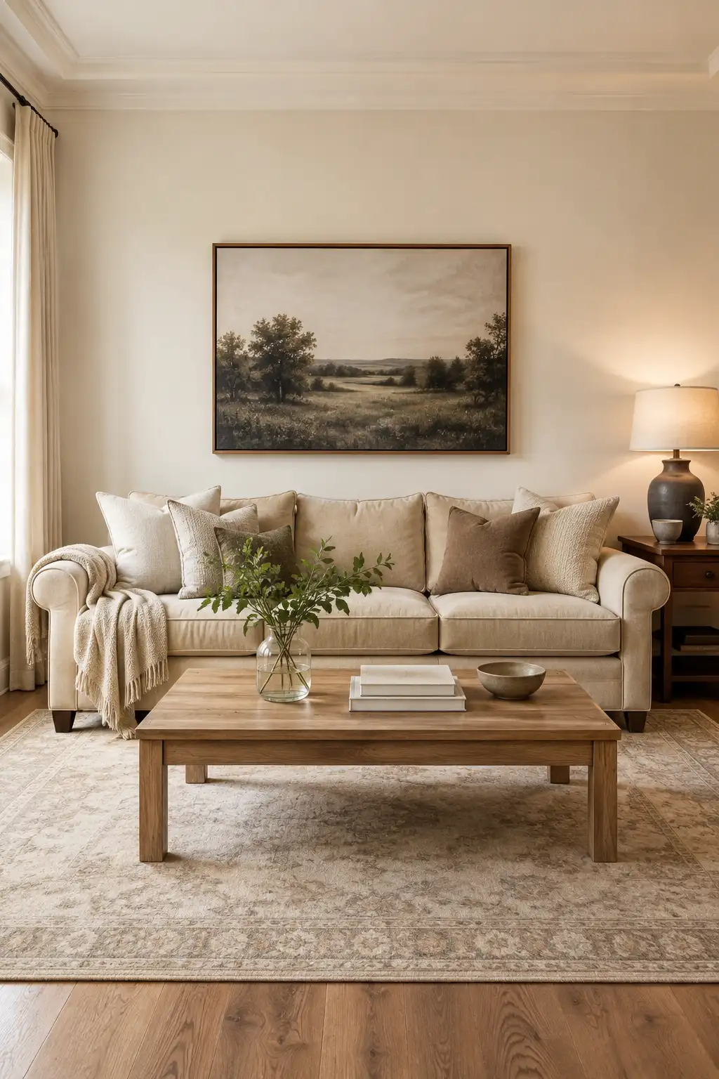 Warm refined farmhouse living room featuring a cream upholstered sofa, layered beige and taupe pillows, natural oak coffee table, soft neutral patterned area rug, oversized countryside landscape artwork, floor length cream curtains, leafy greenery, warm table lighting, and elegant neutral decor creating a cozy and sophisticated farmhouse living room.