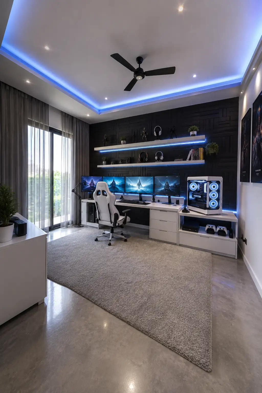 Modern black and white gaming room featuring a four monitor gaming setup, long white desk, white ergonomic gaming chair, RGB gaming PC, floating display shelves, black feature wall, large neutral rug, floor to ceiling windows, and cool blue LED ceiling lighting.
