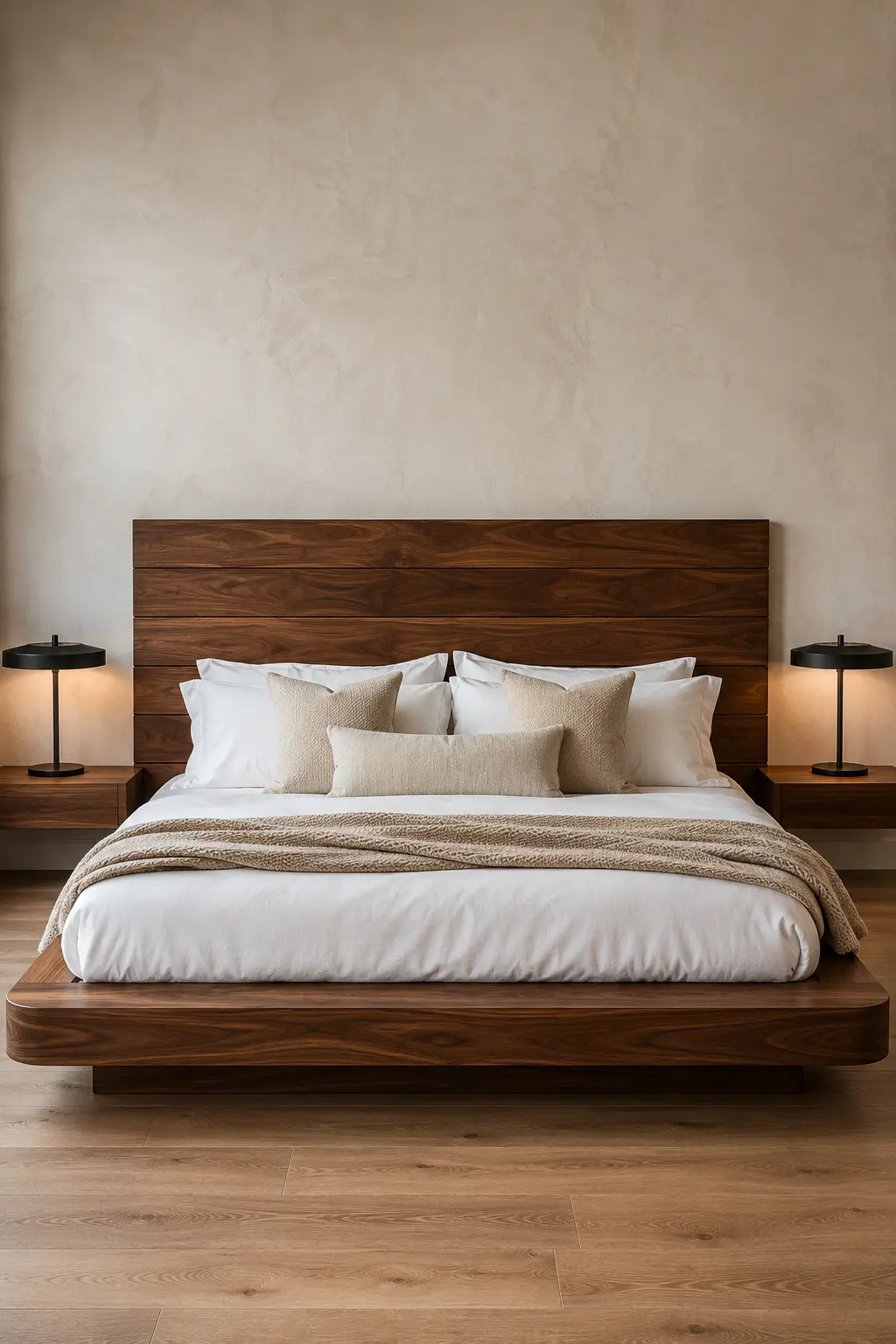 Modern walnut platform bed featuring a wide horizontal wood headboard with rich natural grain, a low profile solid wood frame, crisp white bedding, layered beige pillows, a textured neutral throw, matching walnut nightstands, and black bedside lamps in a warm contemporary bedroom.