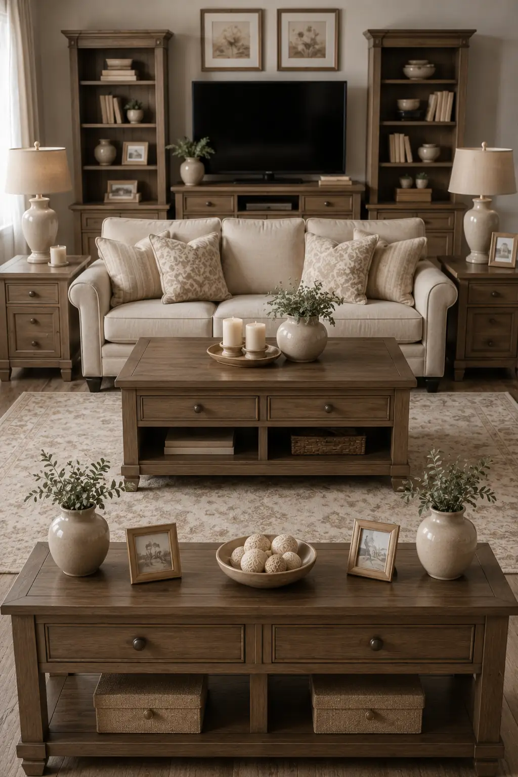 Living room furnished with perfectly matching wood coffee tables, side tables, media console, bookcases, identical lamps, coordinated accessories, and repeated finishes, showing how matching furniture sets can create a predictable showroom look instead of a collected interior.