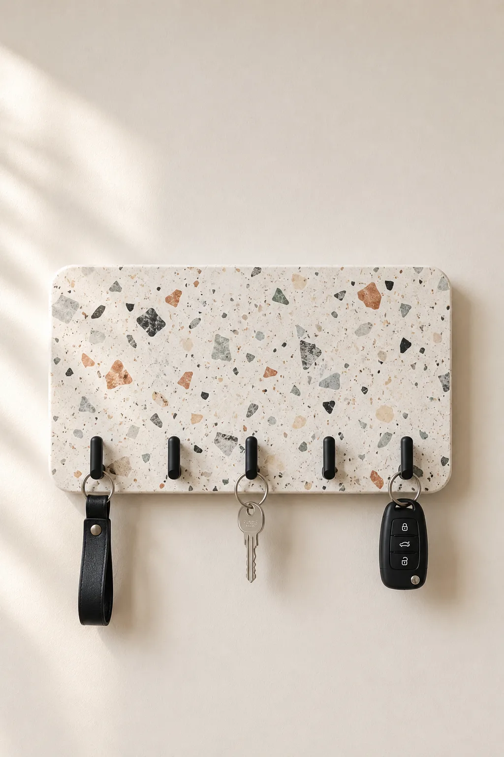 Modern terrazzo DIY key holder mounted on a warm cream wall, featuring a light terrazzo panel with gray, charcoal, beige, and terracotta chips, rounded corners, matte black hooks, leather keychain, house keys, and car keys.