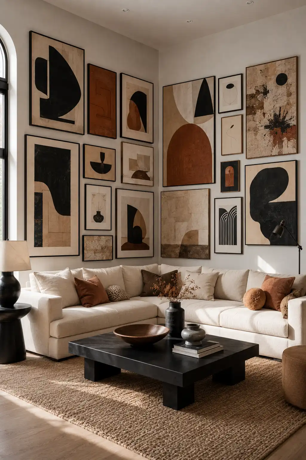 Contemporary living room featuring a bold abstract corner gallery wall with oversized geometric artwork in black, cream, terracotta, tan, and brown tones arranged above a neutral sectional with modern sculptural decor.