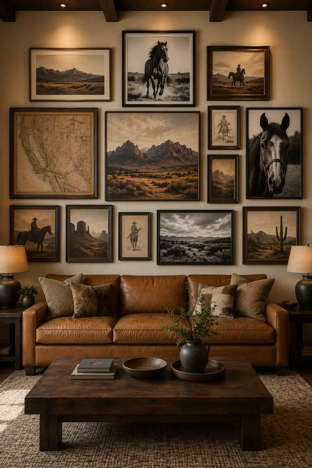 Sophisticated Western living room featuring a curated gallery wall filled with framed desert landscapes, mountain paintings, horse photography, vintage ranch artwork, Western maps, and black-and-white imagery above a cognac leather sofa, paired with a substantial dark wood coffee table, warm neutral walls, textured rug, and polished ranch decor.
