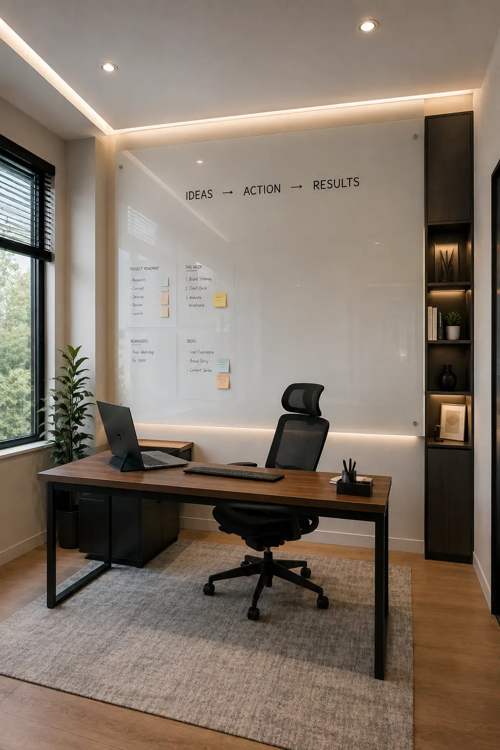 Modern small office featuring a large frameless glass brainstorming wall covering most of the main wall, with organized project notes, weekly priorities, reminders, and creative ideas displayed across the writable surface, contemporary walnut desk, ergonomic black office chair, laptop, warm LED edge lighting, built-in shelving, indoor plant, neutral rug, and clean modern workspace decor.