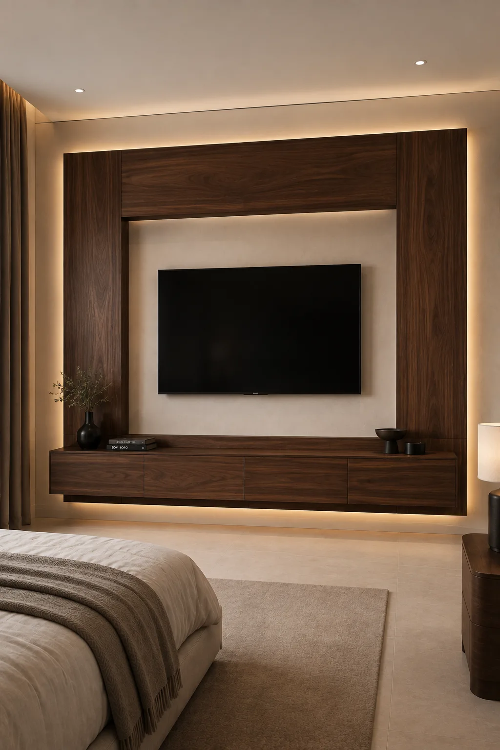 High end modern couples bedroom featuring a full walnut TV wall frame with tall vertical side panels, a wide walnut header, centered black flat screen television, matching floating walnut console, concealed warm LED lighting around the architectural frame, cream plaster backdrop, neutral bedding, beige rug, and refined luxury bedroom decor.