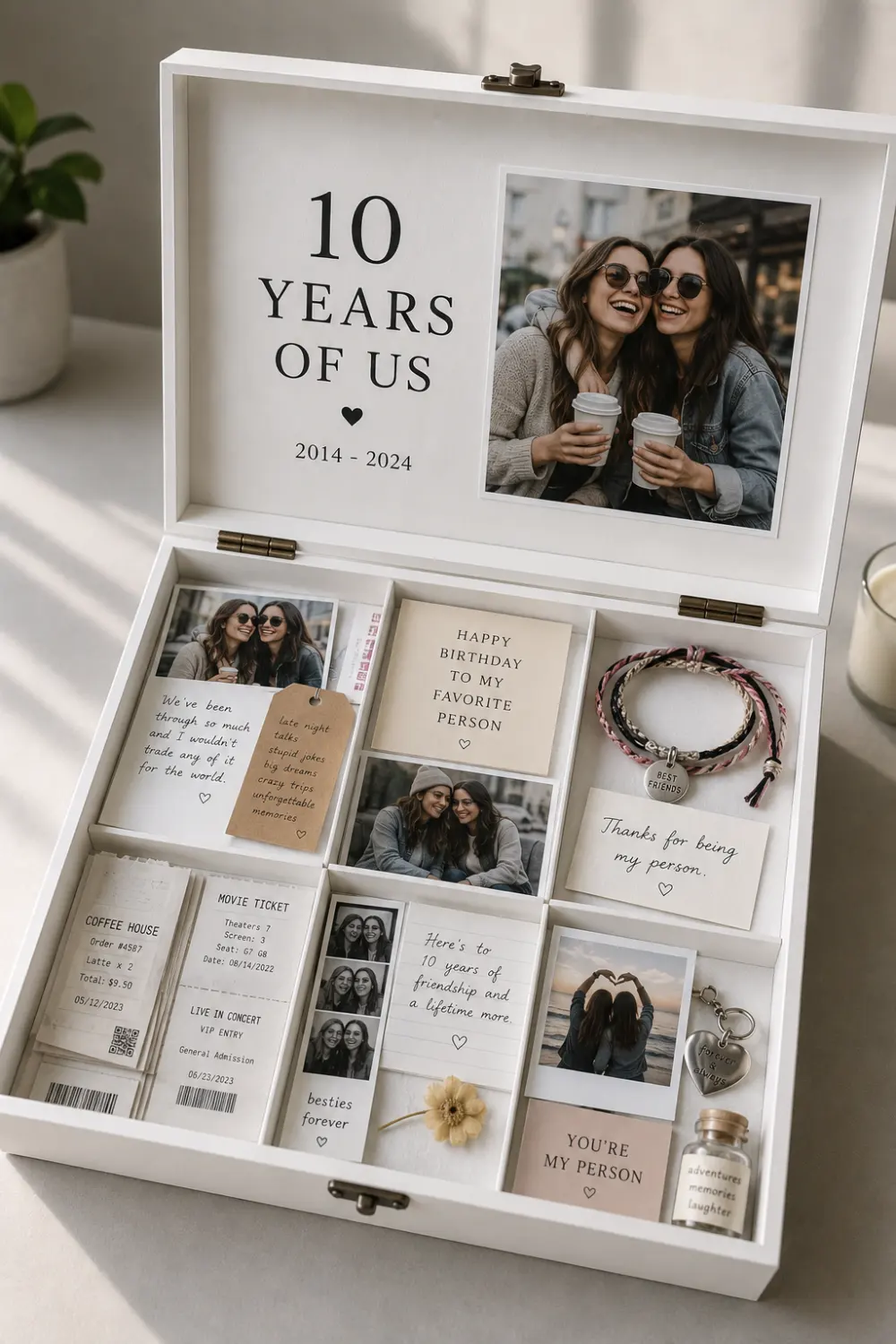 Modern friendship memory box celebrating years of friendship with printed best friend photographs, birthday cards, movie tickets, café receipts, friendship bracelets, handwritten notes, inside jokes, travel memories, and personalized sentimental keepsakes