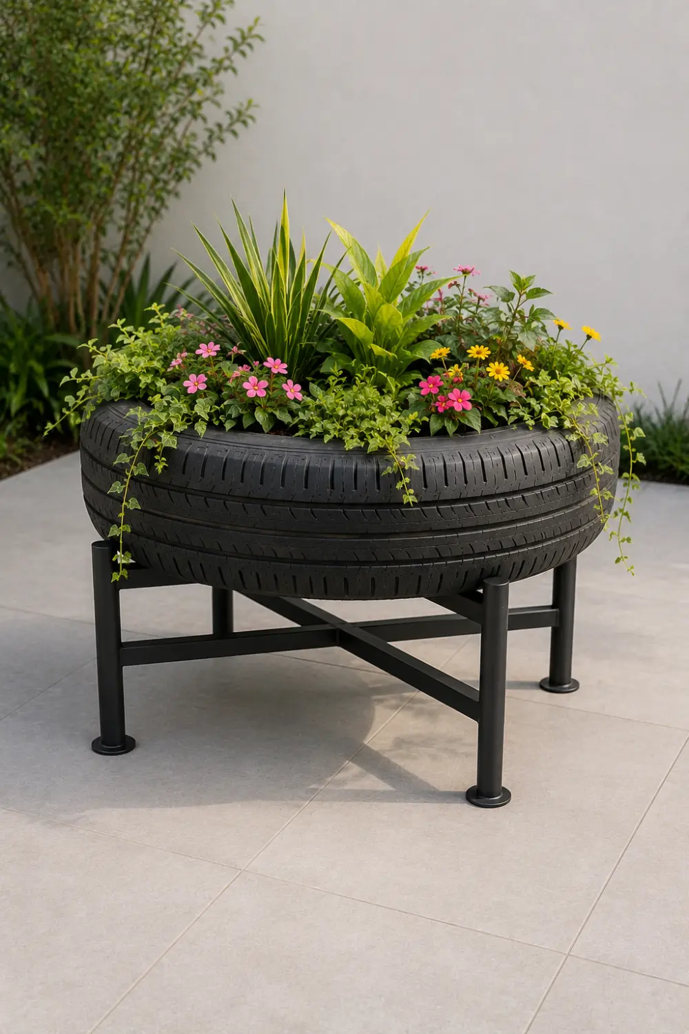 Raised recycled black old tire planter supported by a sturdy dark metal stand, filled with colorful flowers, tall leafy plants, and trailing greenery on a modern contemporary patio