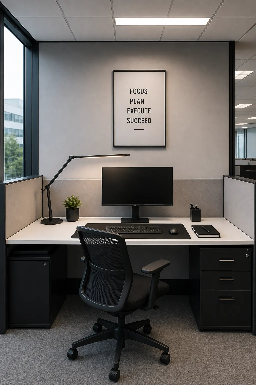Modern organized cubicle featuring a large wall-mounted monthly calendar and structured weekly planner with dedicated sections for priorities, deadlines, meetings, and daily tasks. The full workstation includes a centered computer monitor, white desk, black ergonomic office chair, large black desk mat, notebook, pen holder, small indoor plant, and dark storage cabinets. The complete office cubicle is shown from a straight-on architectural view with a clean gray, white, and black color palette designed to support planning, organization, time management, focus, and productivity.