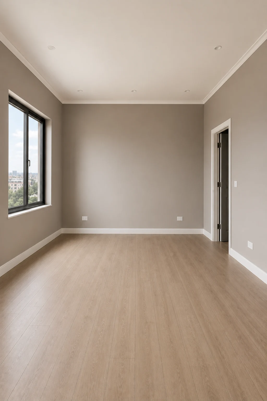 Empty modern bedroom painted entirely in a warm sophisticated greige across all four walls, featuring a soft white ceiling, light oak-style flooring, large side window, clean architectural doorway, white baseboards, realistic matte wall texture, natural daylight, and a polished neutral interior showcasing warm greige bedroom paint ideas.