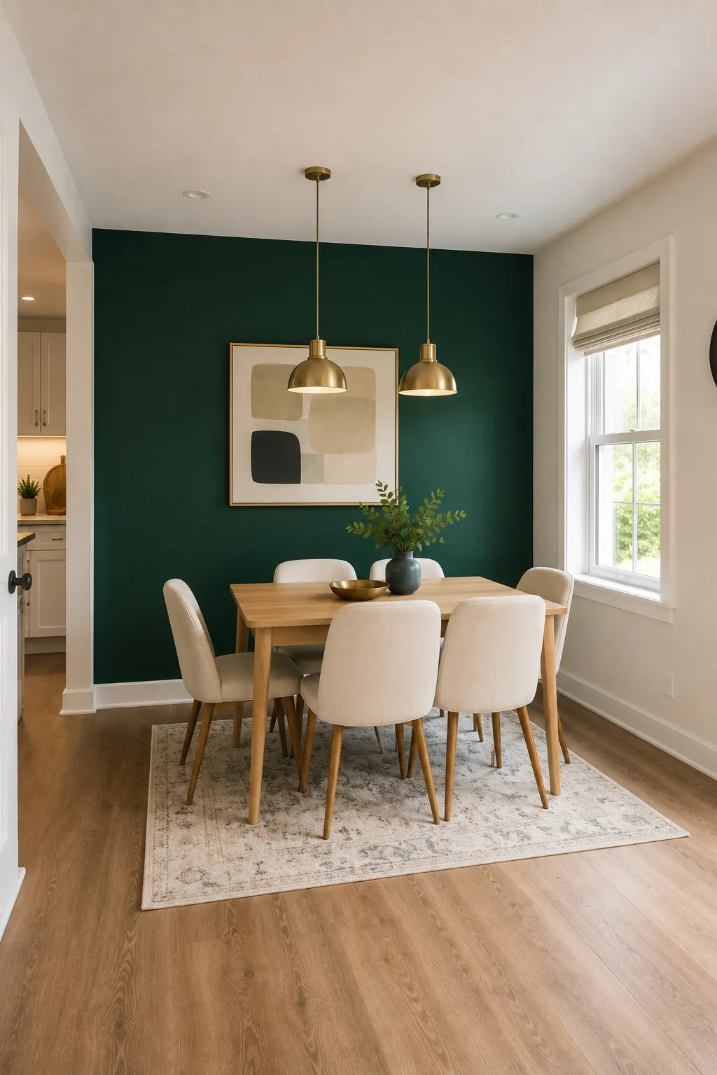 Small sophisticated dining room featuring a compact natural wood rectangular dining table, six cream upholstered dining chairs, a dramatic emerald green accent wall, large neutral abstract artwork, two matching brass pendant lights, large side window with natural daylight, soft patterned area rug, warm wood flooring, cream surrounding walls, and elegant contemporary dining décor.