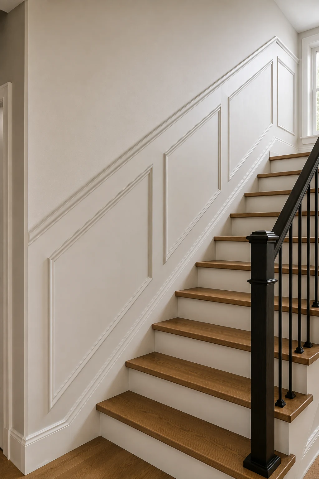Angled picture frame staircase molding featuring large warm white decorative panels precisely following the incline of the stairs, natural oak treads, clean white risers, a substantial black newel post, and slim metal balusters for a refined staircase wall treatment.