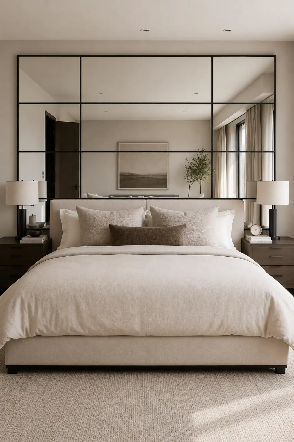 Elegant modern DIY mirror headboard featuring a large full-wall grid of rectangular mirror panels framed with slim matte black lines behind a contemporary upholstered bed. The mirror installation extends wider than the mattress and nearly reaches the ceiling, with evenly spaced vertical and horizontal divisions creating a refined architectural grid. The realistic mirrors reflect the opposite bedroom wall, soft natural daylight, windows, neutral artwork, and surrounding furniture without showing the camera or photographer. The bed has a warm beige upholstered frame, crisp cream bedding, layered neutral pillows, dark wood nightstands, contemporary white lamps, and a textured beige rug. The entire mirror headboard is photographed straight on with all reflective panels, frame lines, and proportions clearly visible.