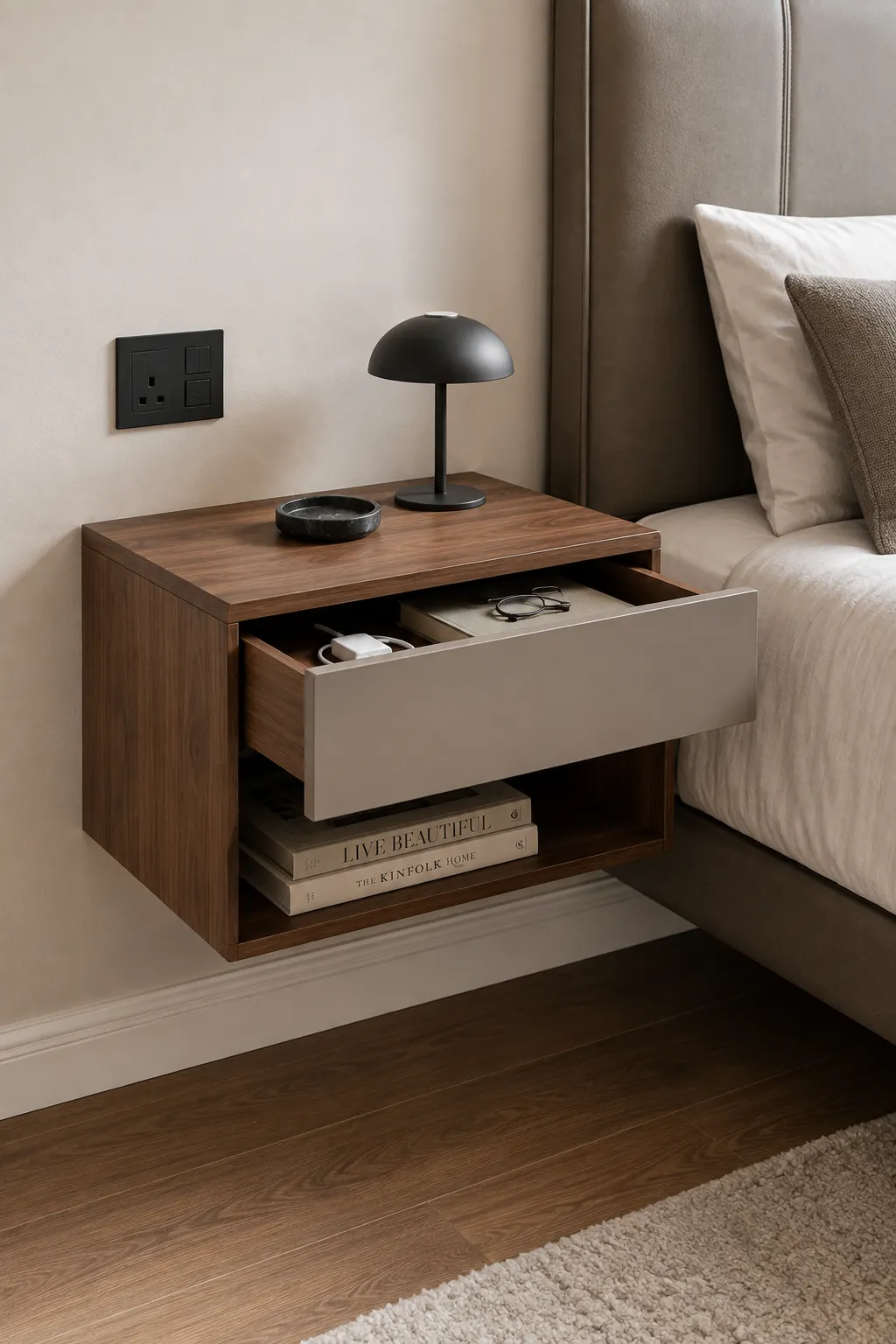 Modern small bedroom featuring a compact contemporary bedside cabinet positioned beside an upholstered bed. The cabinet includes a spacious drawer containing charging cables, glasses, and personal accessories, plus an open shelf for books, providing practical bedside storage while keeping the bedroom floor area uncluttered.