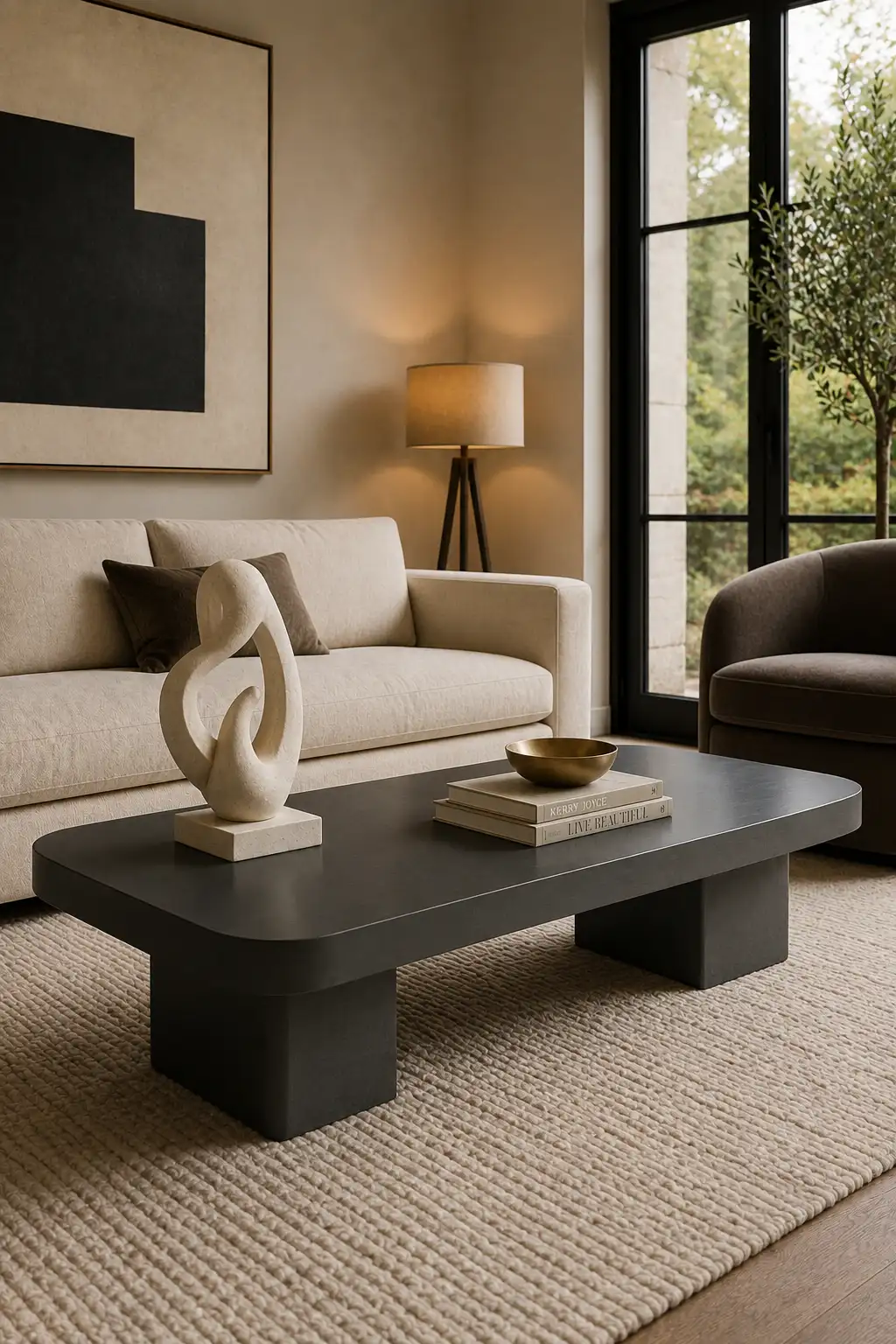 Low charcoal rectangular coffee table with softly rounded corners and substantial sculptural pedestal legs, styled with a tall ivory abstract ceramic sculpture, stacked neutral coffee table books, and a shallow brass bowl in an elegant modern living room with cream seating, a dark accent chair, warm lighting, and neutral decor.