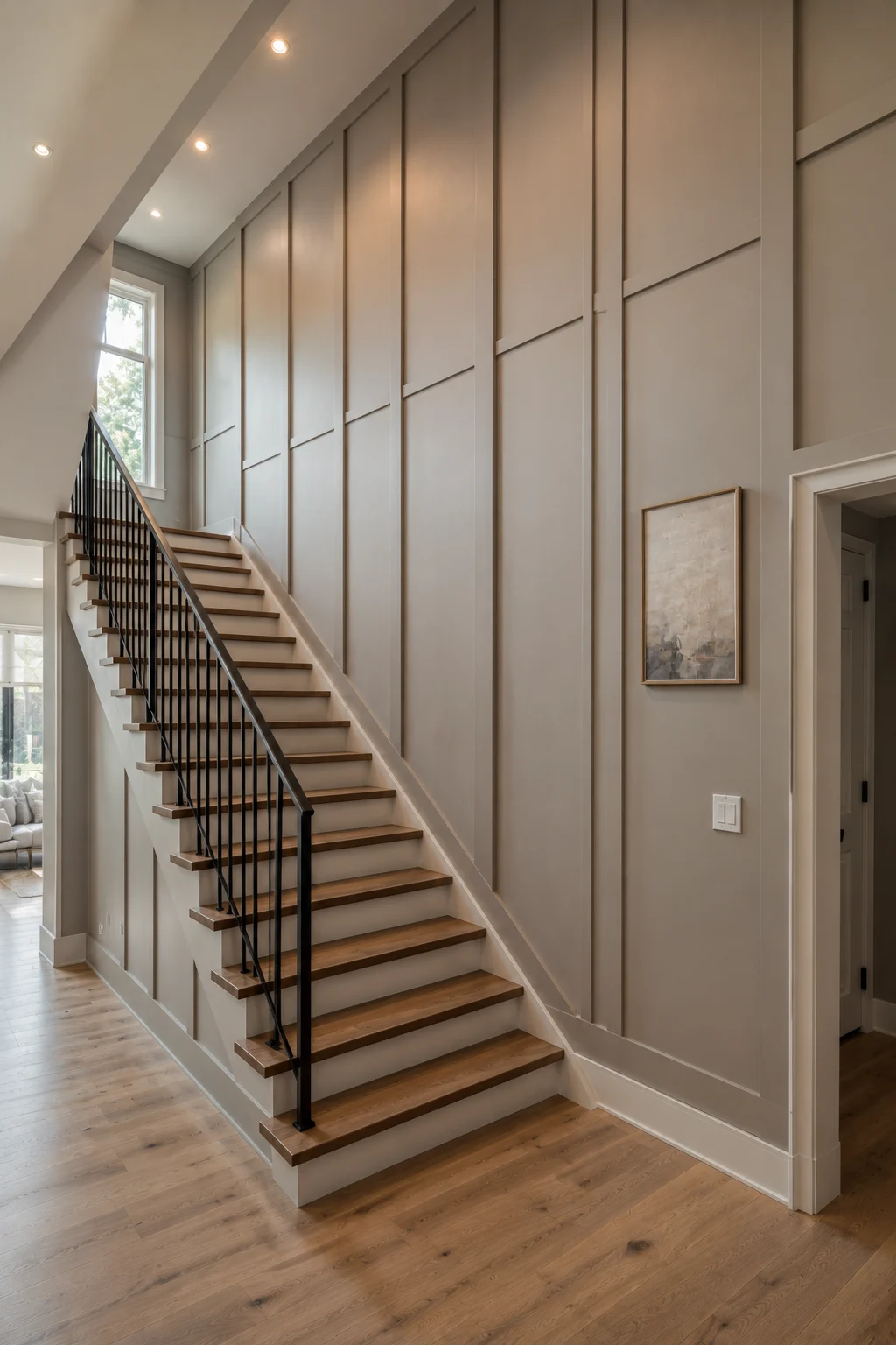 Modern staircase featuring a tall structured paneling design with slim vertical wall panels and subtle horizontal divisions in a warm taupe and greige finish. The sophisticated architectural treatment extends toward the ceiling and complements natural oak stairs, a minimalist black railing, warm wood flooring, recessed lighting, and a small neutral framed artwork.
