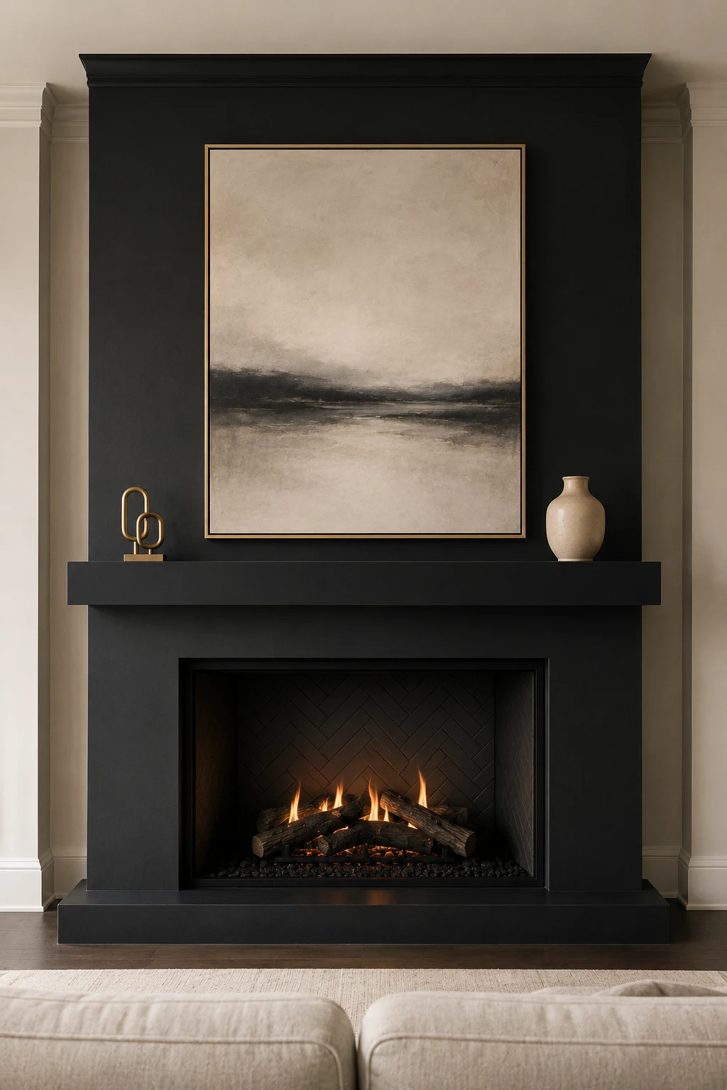 Luxurious all black fireplace mantel with a dramatic charcoal surround, substantial black mantel shelf, and deep black herringbone firebox glowing with natural flames. A large neutral abstract artwork in cream, beige, and charcoal tones is framed with warm brass above the mantel, while a small gold sculptural object and textured cream ceramic vase create elegant asymmetrical styling. Pale surrounding walls and a cream sofa provide contrast, giving the modern living room a refined high-end interior design look.