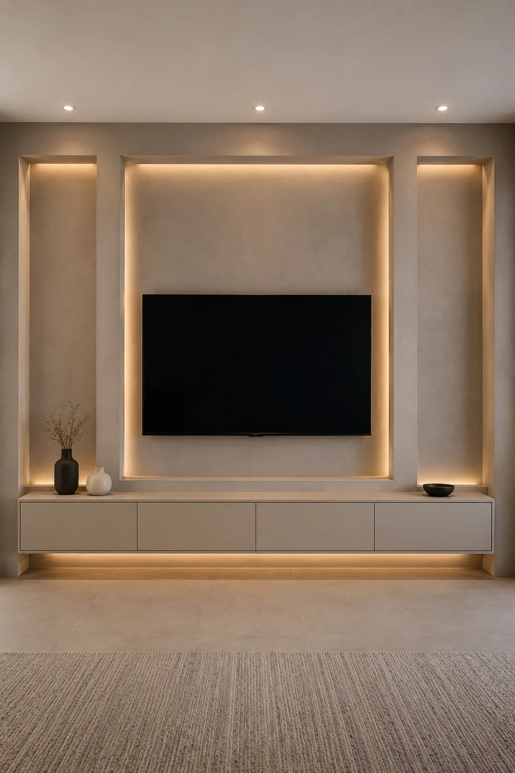 Warm taupe TV feature wall featuring a large black flat screen television centered inside a wide recessed architectural frame, symmetrical vertical recessed niches on both sides, soft warm LED lighting inside the central frame and niches, long taupe floating media console, clean panel detailing, subtle dark ceramic accessories, realistic wall construction, neutral flooring, and elegant contemporary living room design.