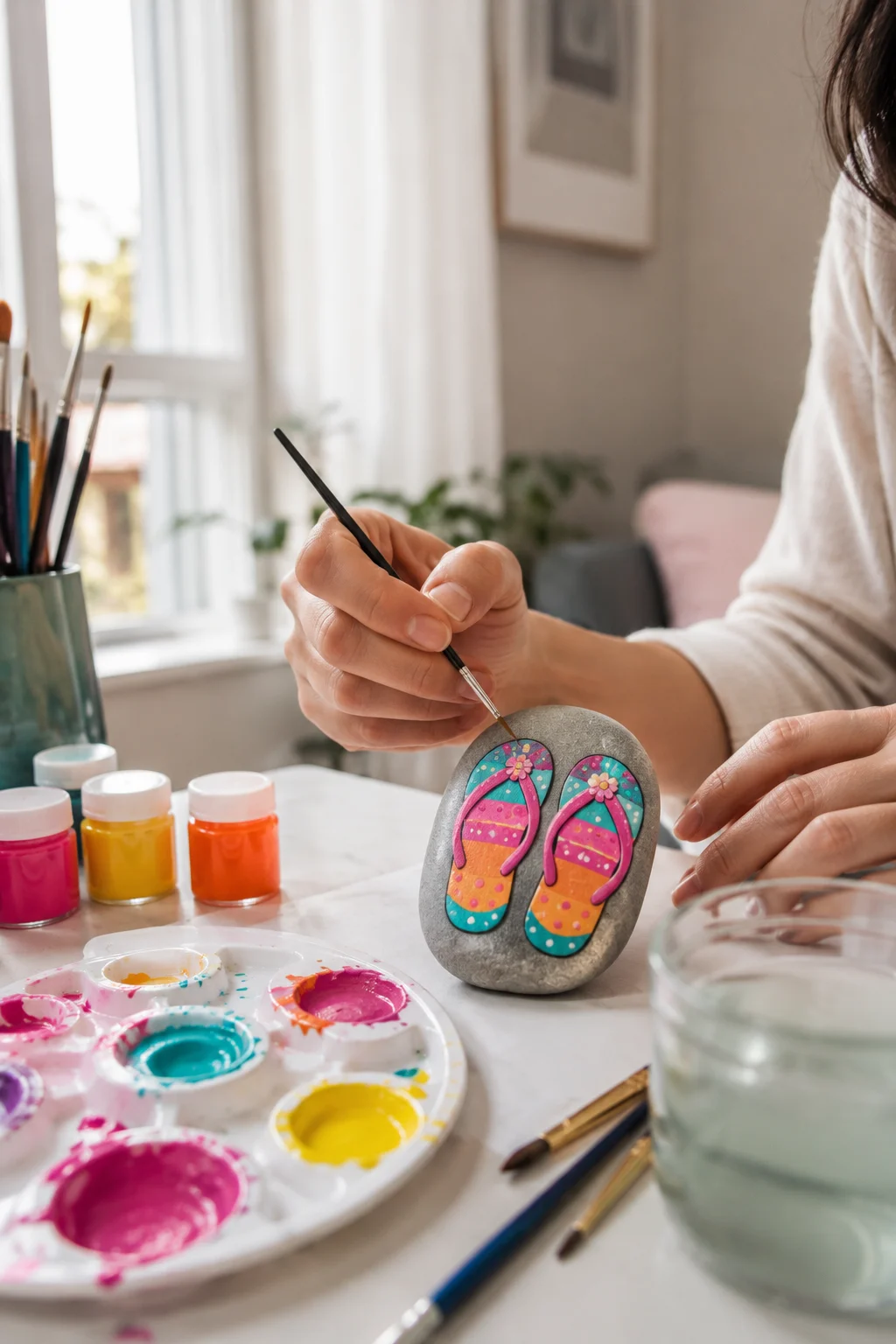 Colorful flip flop rock painting featuring two playful summer sandals painted in bright turquoise, pink, orange, and yellow with contrasting straps, small flowers, dots, and decorative details, while a hand adds finishing touches with a fine paintbrush beside acrylic paint bottles and a colorful palette on a home craft table.