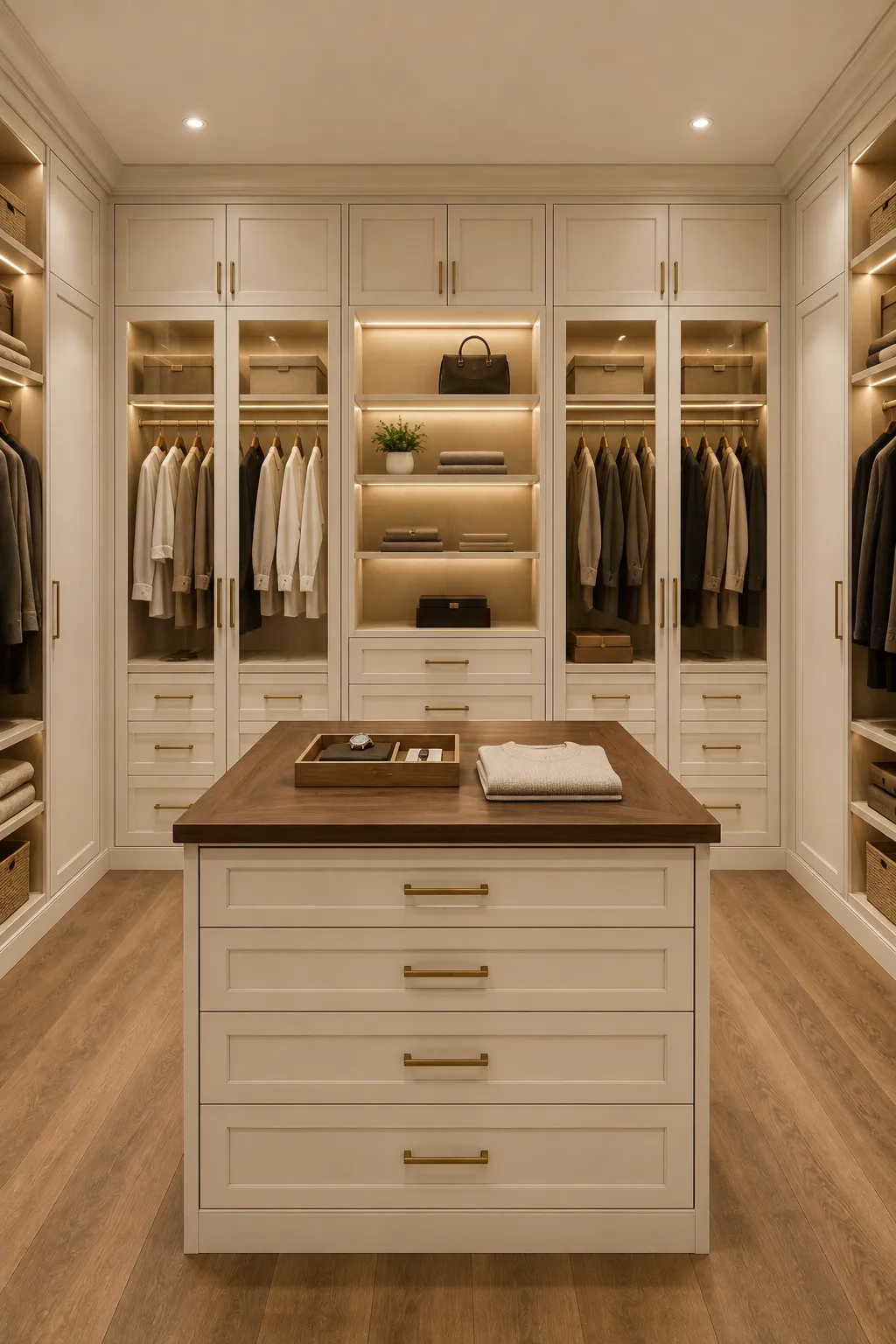 Luxurious IKEA walk-in closet featuring a symmetrical wall of cream built-in wardrobes, illuminated open clothing sections, glass-front display areas, warm wood interiors, neatly arranged neutral clothing, handbags, folded garments, drawers, upper cabinets, and a large central storage island with a wood countertop for a sophisticated boutique-style dressing room.