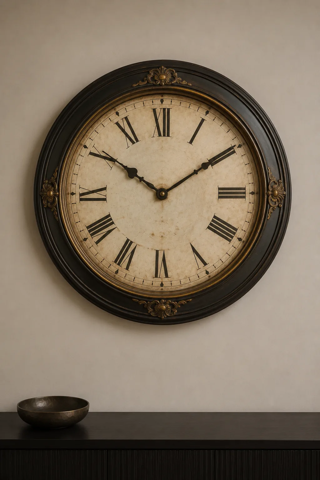 Large oversized antique wall clock with a dark carved wood frame, aged cream dial, Roman numerals, and subtle gold detailing mounted above a sleek modern cabinet in an elegant warm neutral interior.