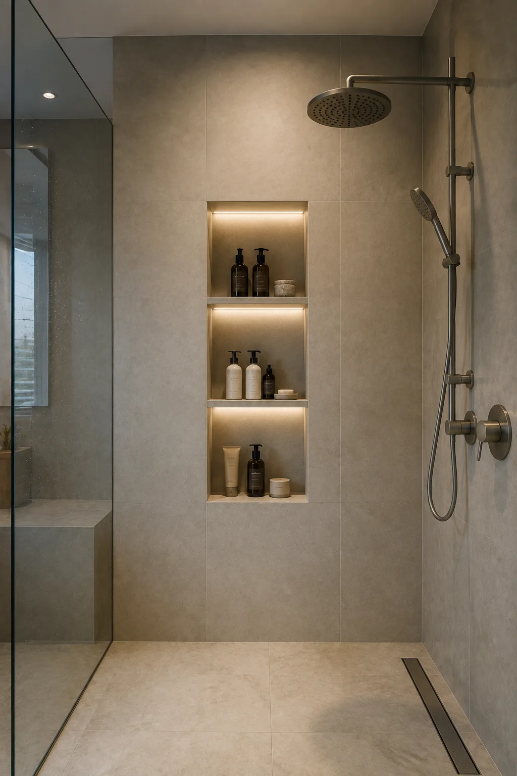 Modern walk in shower storage featuring a tall recessed wall niche divided into three illuminated compartments, with organized shampoo, conditioner, body wash, skincare products, soap, and shower essentials stored neatly within the tiled wall.