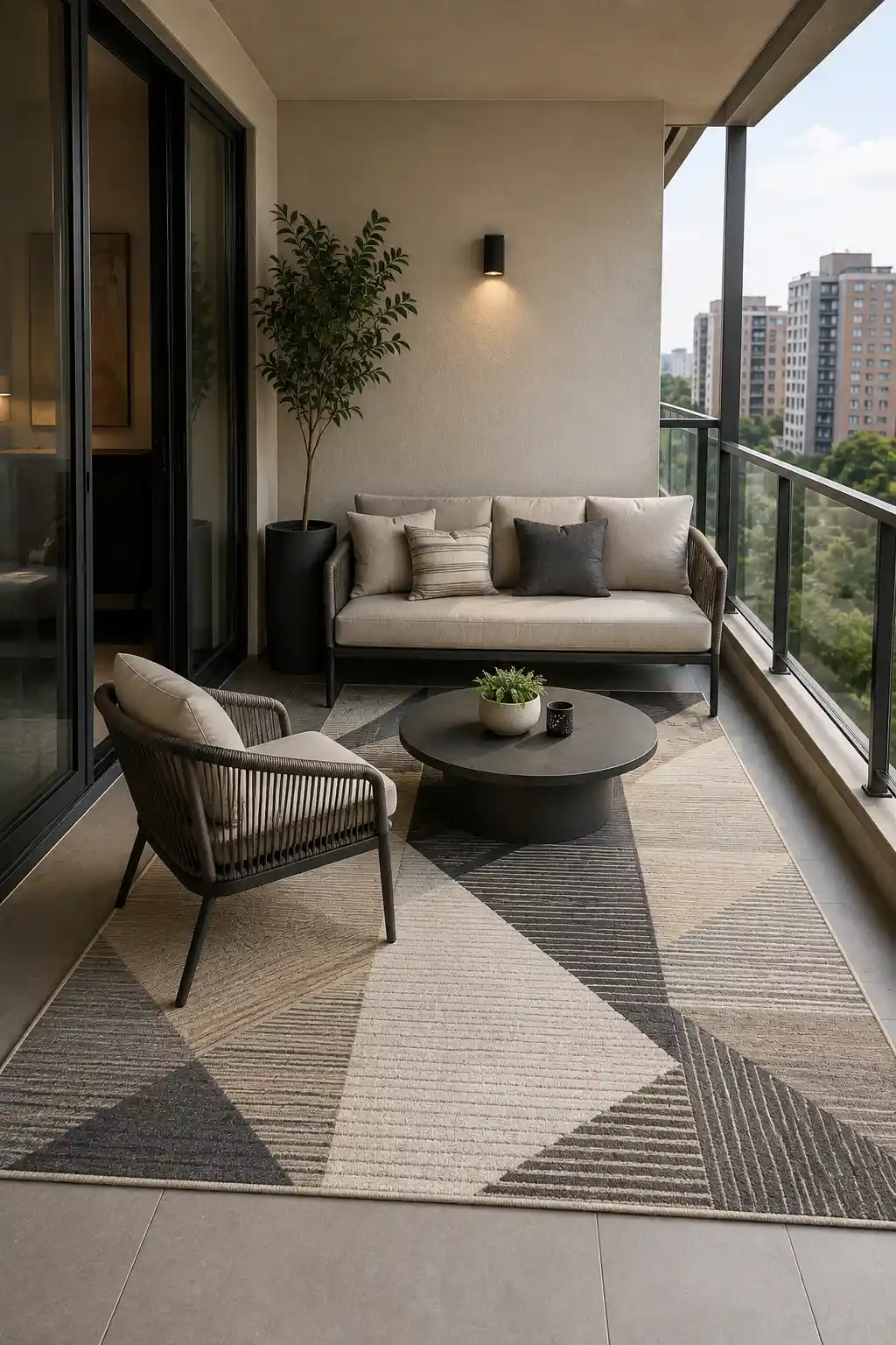 Contemporary apartment balcony featuring a large geometric outdoor rug with layered neutral gray, cream, taupe, and charcoal patterns as the main design feature. A modern cream sofa, matching lounge chair, low round black coffee table, tall planter, and glass railing create a sophisticated outdoor living area with strong visual character.