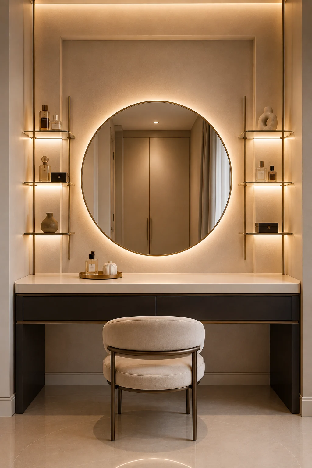 Luxury modern vanity featuring an oversized round mirror with a thin dark champagne frame and warm LED backlighting, slim illuminated glass shelves positioned symmetrically on both sides of the mirror displaying elegant perfume bottles, jewelry boxes, and sculptural decor, a sophisticated dark espresso vanity with a light cream countertop and subtle brass detailing, a rounded cream upholstered vanity chair with a dark bronze frame, warm recessed shelf lighting, soft beige walls, neutral flooring, and a dramatic yet cozy contemporary vanity aesthetic.
