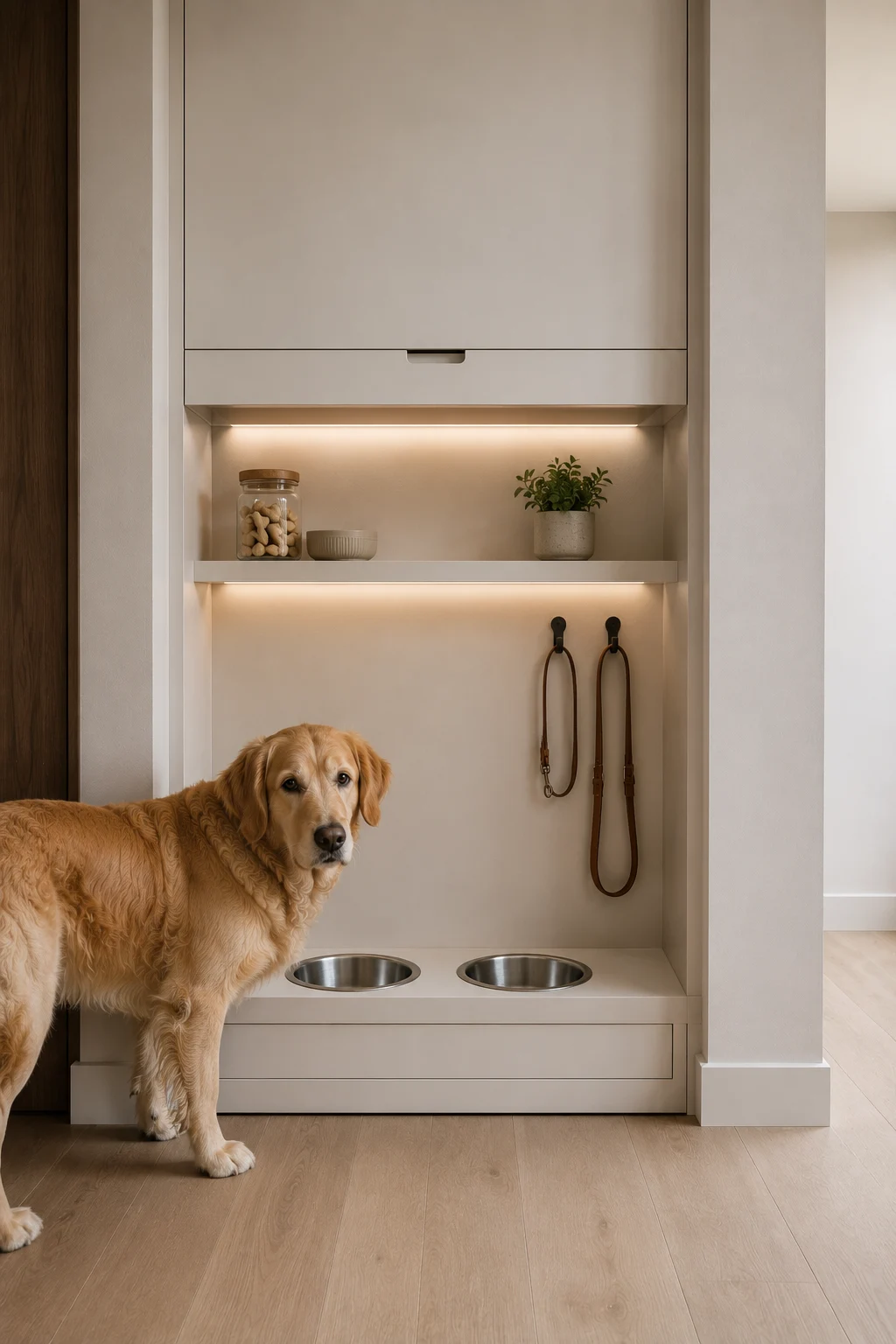 Modern built in dog feeding wall designed into a narrow home entryway, featuring two stainless steel dog bowls recessed into a lower cabinet, a golden retriever standing beside the feeding station, illuminated open shelves with treats and pet supplies, wall mounted leather dog leashes, hooks, closed upper cabinetry, and warm contemporary interior finishes.