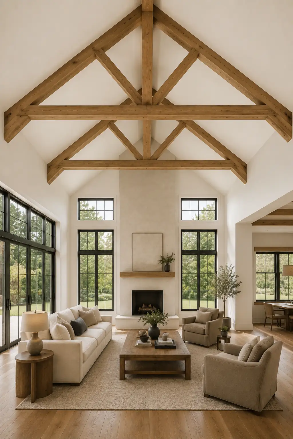 Spacious modern rustic living room with exposed king post timber trusses across a soaring white vaulted ceiling, featuring natural oak horizontal and angled beams, a central ridge structure, tall black framed windows, cream furniture, a simple fireplace, and warm wood flooring.