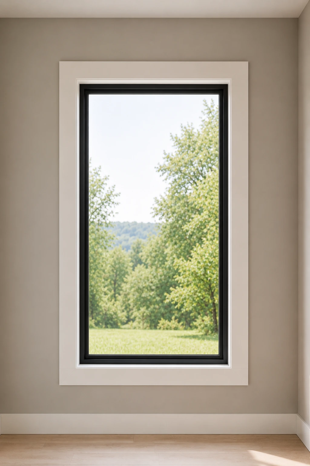 Two tone window trim featuring a slim matte black inner window frame surrounded by wide warm white outer casing on a soft greige wall. The contrasting light and dark finishes create layered architectural depth while keeping the tall window clean, balanced, and contemporary.