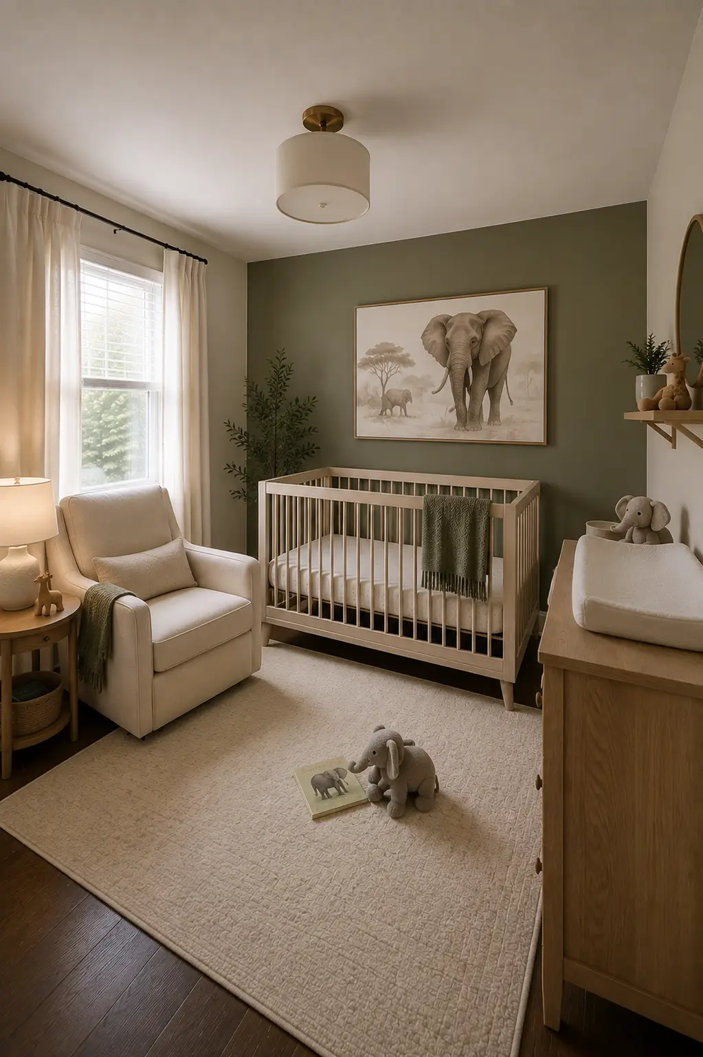 Warm baby boy nursery with a muted olive green accent wall, light natural wood crib, matching wood changing dresser, oversized framed elephant safari artwork, cream upholstered nursing chair, soft neutral area rug, green throw blanket, plush elephant and giraffe accents, ivory curtains, and understated safari nursery decor.