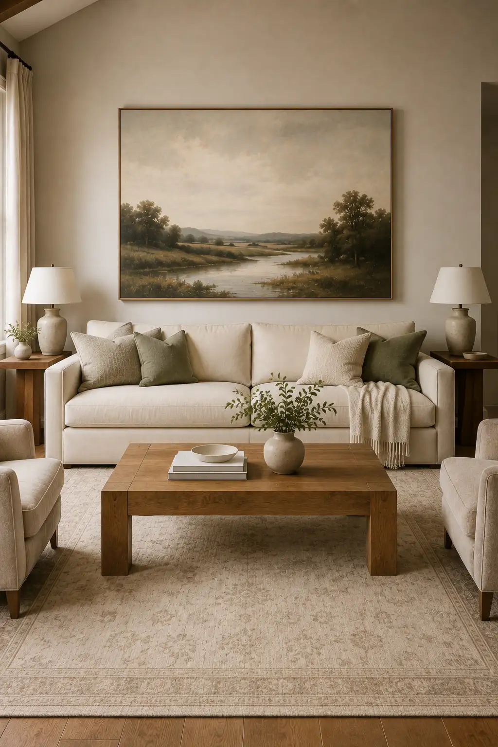 Refined farmhouse living room featuring oversized countryside landscape artwork above a warm cream sofa, muted sage and textured neutral pillows, matching ceramic table lamps, substantial natural oak coffee table, leafy branches, cream accent chairs, and a softly patterned neutral area rug.