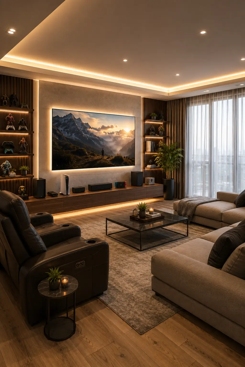 Modern console gaming lounge featuring a large wall mounted gaming screen, floating walnut media console, gaming consoles and speakers, illuminated display shelves with controllers and collectibles, reclining chairs, comfortable sofas, central coffee table, large area rug, warm ambient lighting, and floor to ceiling windows.