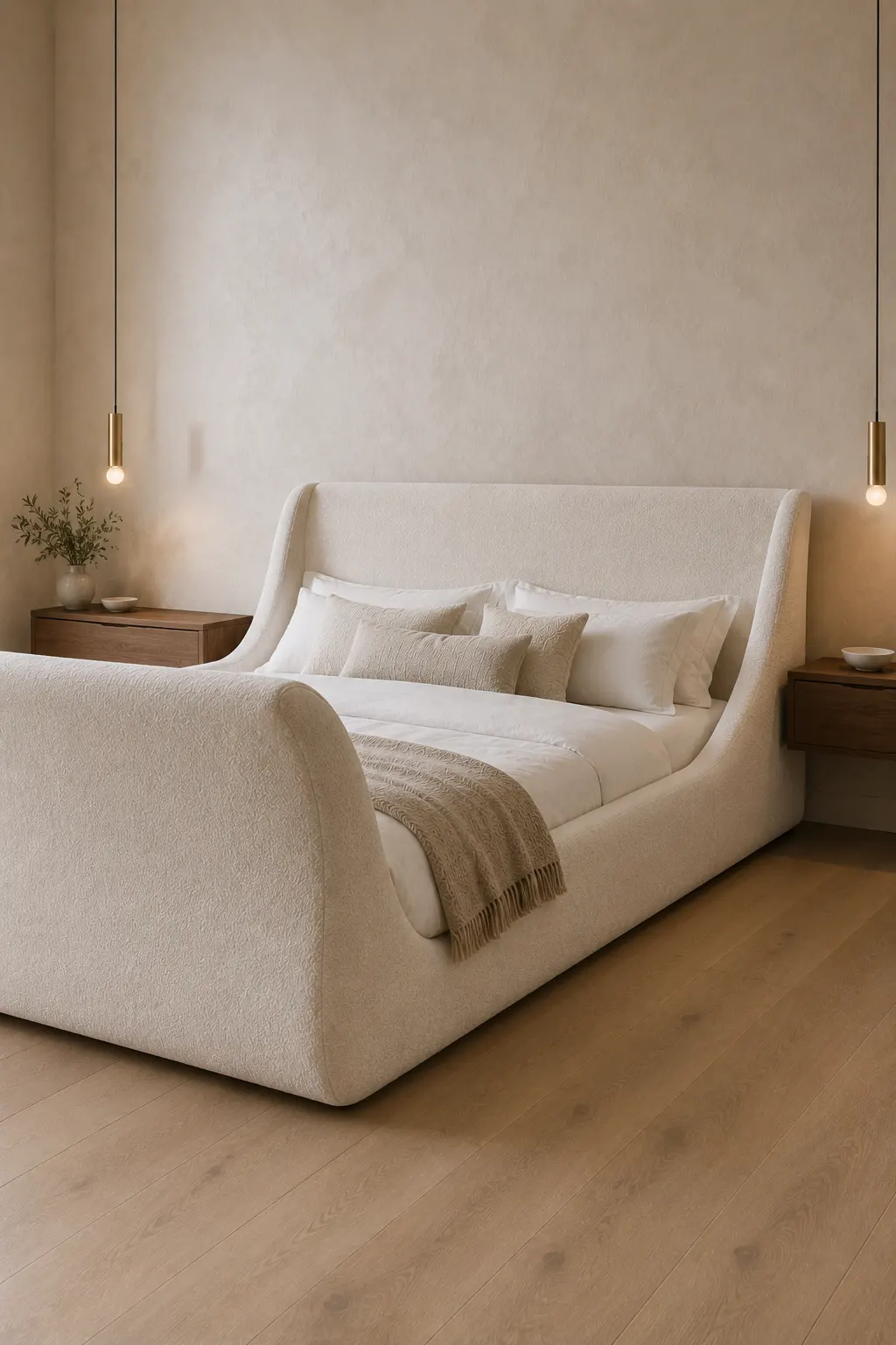 Modern upholstered sleigh bed featuring a tall curved ivory headboard, sweeping upholstered side rails, dramatic rounded footboard, crisp white bedding, layered neutral pillows, beige throw blanket, walnut nightstands, and slim brass pendant lights in a sophisticated bedroom.