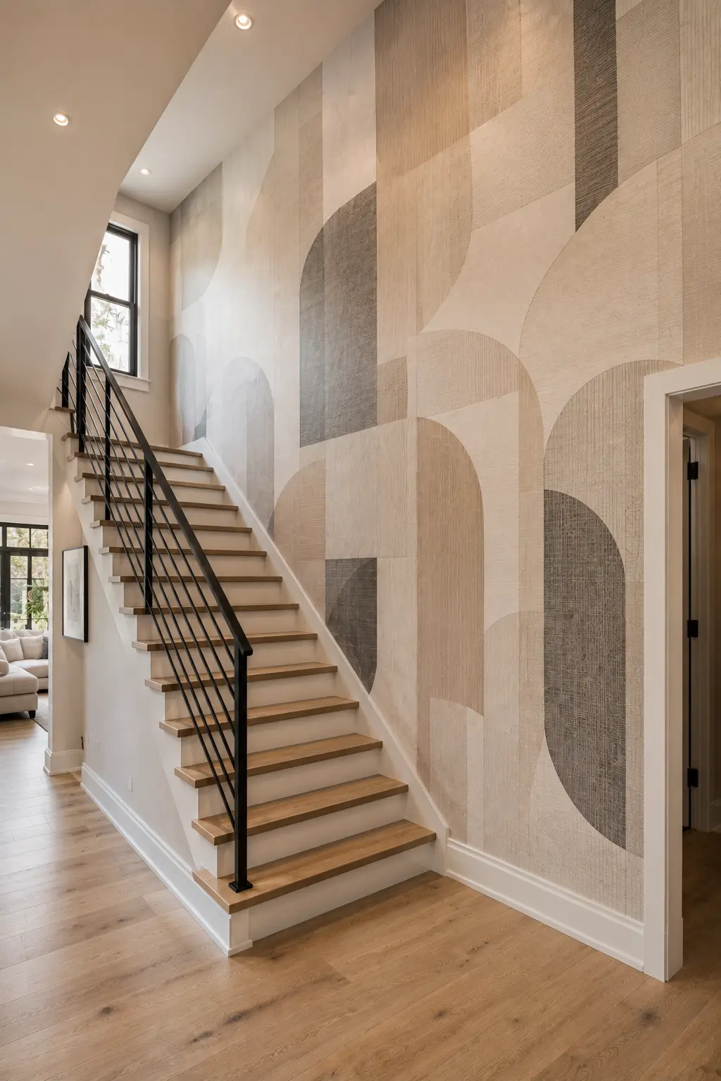 Contemporary staircase wall covered with large-scale geometric wallpaper featuring oversized arches, curved forms, and abstract architectural shapes in cream, beige, taupe, soft gray, and natural wood tones. The statement wallpaper creates a refined focal wall beside the natural oak staircase, black metal railing, warm wood flooring, and bright modern hallway.