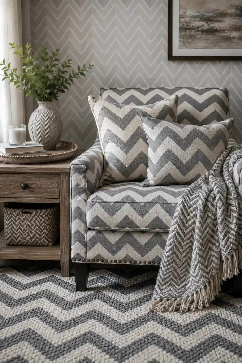Gray and white living room corner covered in repeating chevron patterns across an upholstered accent chair, throw pillows, wallpaper, blanket, storage basket, and area rug, showing how excessive zigzag patterns can make home decor feel busy and tied to an older decorating trend.