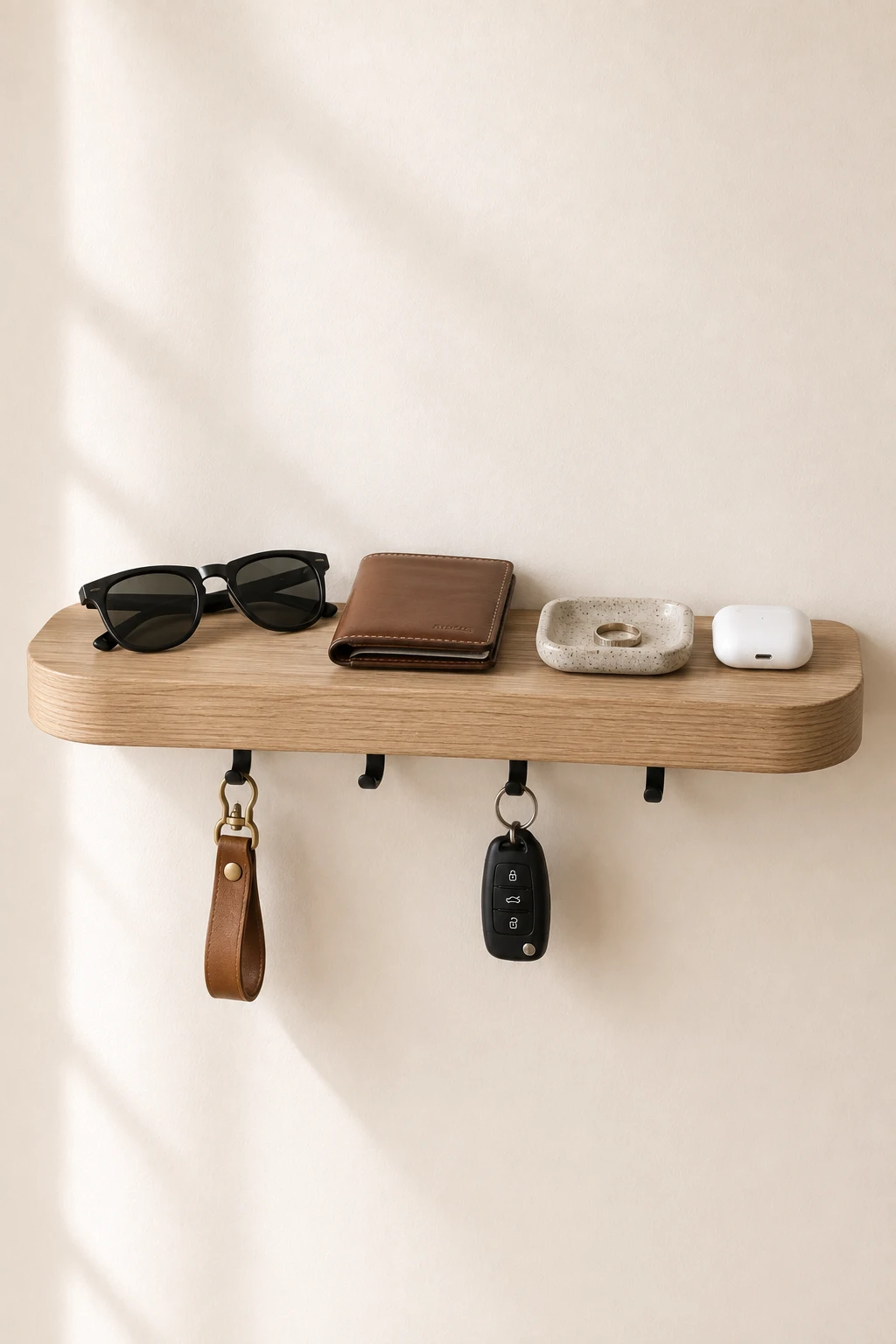 Floating shelf DIY key holder made from warm oak with rounded edges and discreet black hooks, styled with sunglasses, a leather wallet, catchall dish, earbuds, car keys, and a leather key loop for compact entryway organization.