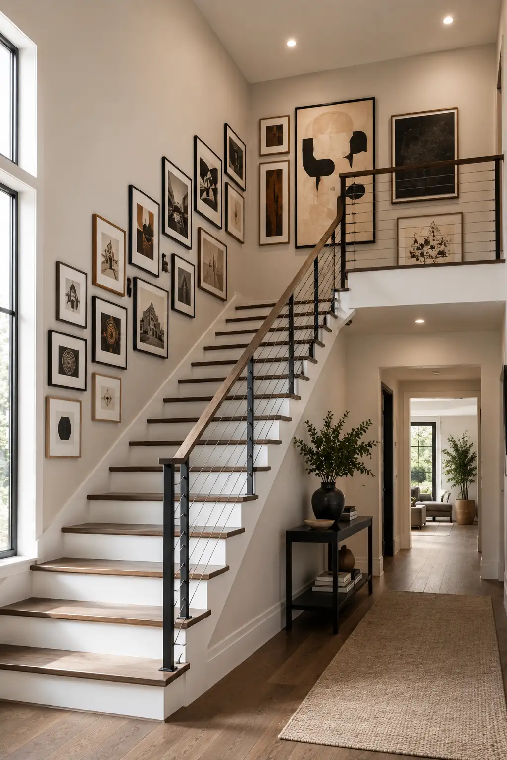Modern staircase hallway featuring a stylish gallery wall that follows the staircase upward, combining black and natural wood frames with abstract artwork, architectural photography, and decorative prints continuing toward the upper landing.