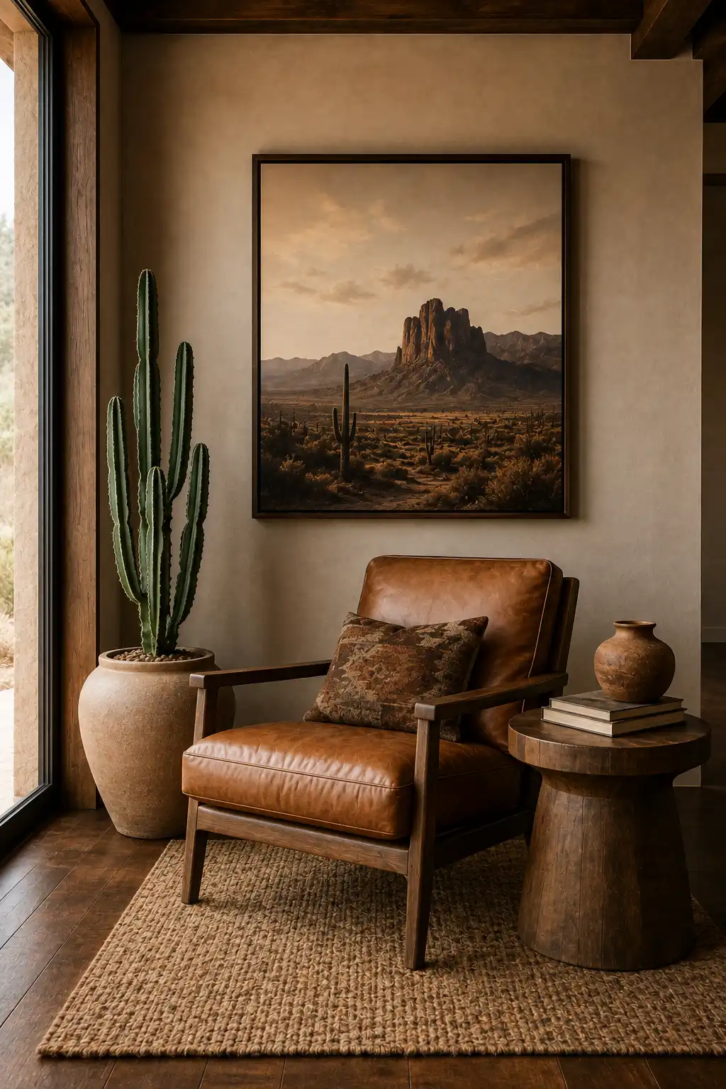Cozy modern Western reading corner featuring a cognac leather lounge chair with a natural wood frame, textured woven area rug, rustic wooden side table, stacked books, handcrafted ceramic vase, tall desert cactus in a large pottery planter, oversized Western desert landscape artwork, warm wood flooring, and refined ranch-style decor.